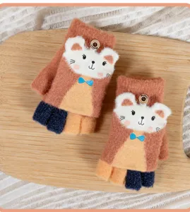 Kids half-finger plush knit gloves cute cartoon bear winter warm flip top gloves pink