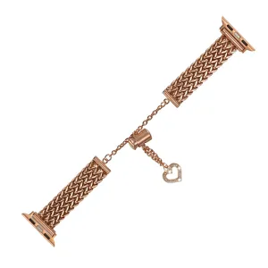 Correa de reloj Apple de malla de acero inoxidable oro rosa con dije de corazón brillante y cuenta.