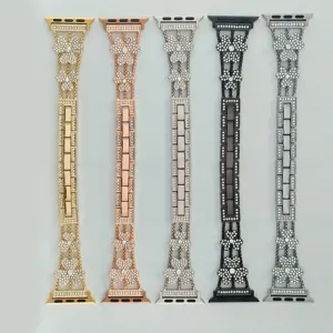 Metal rhinestone clover watch strap compatible with Apple Watch, luxury sparkling replacement band.