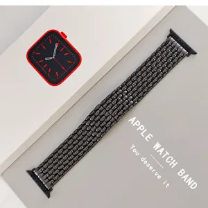 Detail view of a stylish dragon-scale metal watch band compatible with Apple Watch series.