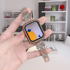 Fashion rhinestone clover metal watch band and case compatible with apple watch rose gold
