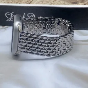 Stainless steel metal watch strap compatible with smartwatches, stylish dragon scale design.
