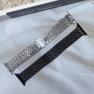 Stainless steel metal strap compatible with Apple Watch, stylish dragon scale design in dual colors.