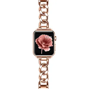 Correa de reloj de cadena de acero inoxidable para Apple Watch, elegante metal de oro rosa.