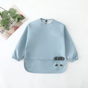 Waterproof long sleeve baby bib infant feeding smock with pocket, soft clean cute design.