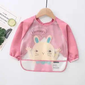 Waterproof long-sleeve baby bib with cute cartoon rabbit print and practical pocket design.