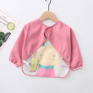 Detailed view of kids waterproof smock, pink long sleeves, cute rabbit print, clear pocket.