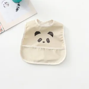 Detailed view of baby waterproof bib with cute panda print and handy crumb catcher pocket.