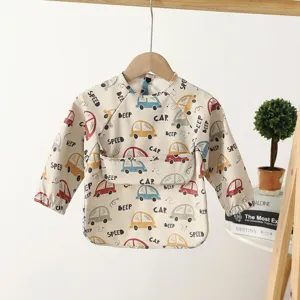 Waterproof baby long sleeve bib, cute car print feeding smock, soft infant food catcher.