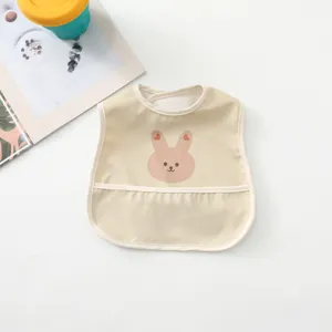 Cute waterproof baby bib with adorable cartoon animal design, easy-clean food catcher pocket.