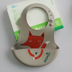 Waterproof silicone baby bib with cute fox print, soft infant feeding crumb catcher.