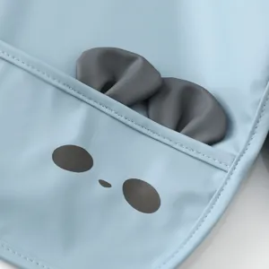 Waterproof baby bib with cute 3D ears and front pocket, soft infant feeding smock blue.