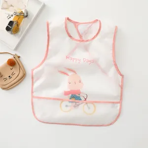Waterproof baby bib with cute rabbit print and pink trim, detail view design.