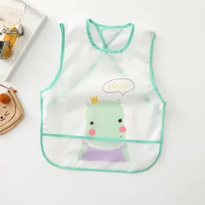 Detailed view of waterproof baby bib with cute hippo print and green trim, easy clean.