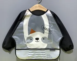 Waterproof baby long sleeve bib, cute cartoon animal design, ideal for toddler feeding time.