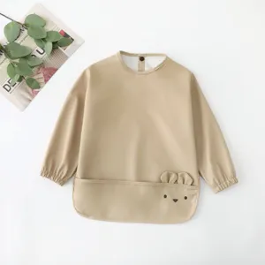 Waterproof baby long sleeve bib, cute bear pocket feeding smock for toddlers and infants.