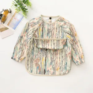 Waterproof baby long sleeve bib, toddler feeding smock with catch pocket, cute art print.