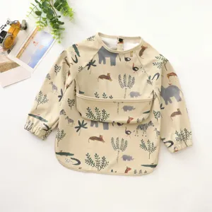 Baby waterproof long sleeve bib khaki jungle animal print infant feeding apron for baby