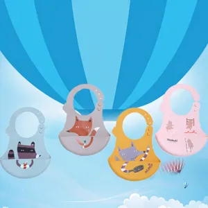 Baby Silicone Bib Waterproof Infant Feeding Bibs Soft Food Catcher Toddler Eating Bib with Cartoon Animal Print