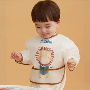 Baby Long Sleeve Waterproof Smock Cute Cartoon Print Infant Feeding Bib Toddler Art Painting Apron Unisex Clothing