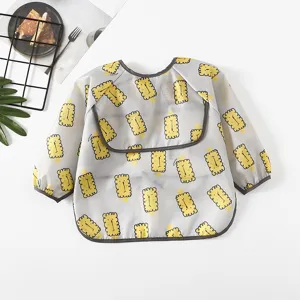 Long sleeve baby waterproof bib toddler eating coverall apron with cute biscuit pattern grey