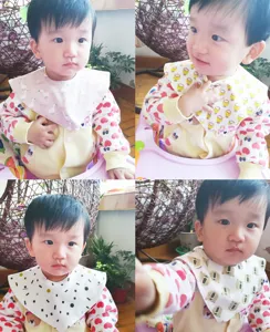 Baby cotton triangular bib detail, soft infant saliva towel with cute cartoon patterns.