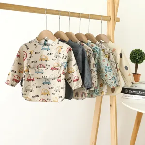Waterproof baby long sleeve bib, soft PU anti-dirt feeding apron with big pocket for toddler kids.