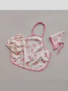 Set grembiule 3 pezzi per bambini con maniche e cappello, bordo rosa stampa carina per pappa.