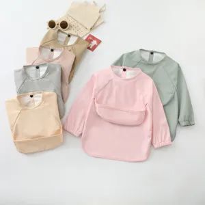 Waterproof baby long sleeve smock bib for feeding, multi-color infant eating apron set detail view.