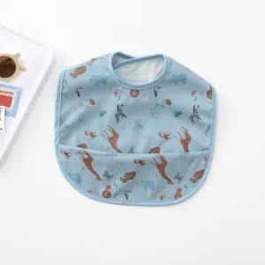 Waterproof baby bib with cute jungle animal prints, comfortable and easy to clean for toddlers.