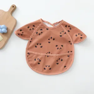 Waterproof baby bib short sleeve toddler eating smock cute panda print feeding apron clothing