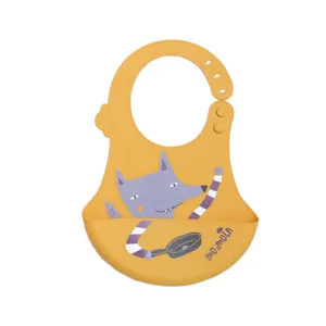 Cute waterproof silicone baby bib with catch pocket, food grade infant feeding bib.