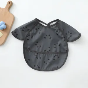 Waterproof baby smock with short sleeves and crumb catcher pocket, gray abstract panda print.