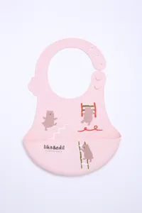 Cute pink silicone baby bib with waterproof food catcher pocket and adorable bear climbing ladders print.