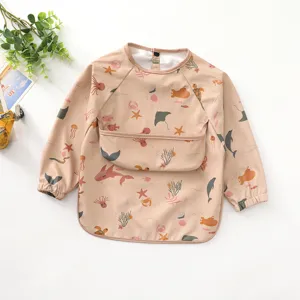 Waterproof baby long sleeve bib cute ocean animal print feeding smock infant toddler eating apron.