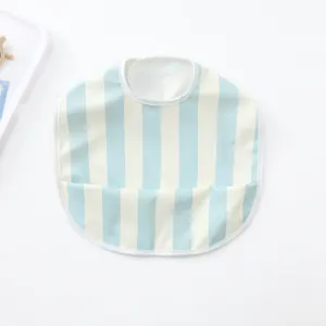 Baby waterproof PU bib blue white vertical stripe infant dining apron cute toddler feeding apron