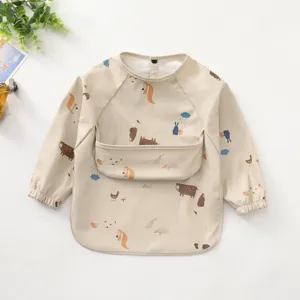 Waterproof long sleeve baby feeding bib smock with pocket, soft infant eating apron.