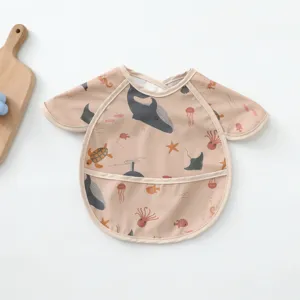 Waterproof baby weaning bib with cute ocean animals print, short sleeve toddler smock for eating.