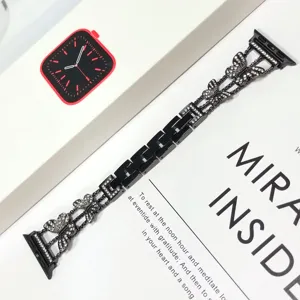Correa de reloj de metal con diamantes de imitación negros y mariposas elegante banda