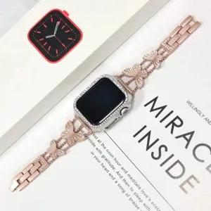 Correa de reloj de mariposa de metal con diamantes de imitación de oro rosa y caja.