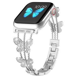 Correa de Repuesto para Reloj Inteligente de Metal con Diamantes de Imitación y Mariposa Pulsera Ajustable de Acero Inoxidable para Serie Apple Watch