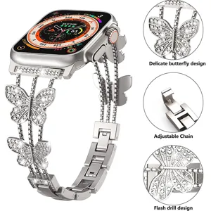 Correa de reloj de mariposa de estrás de metal compatible con Apple Watch, brillante.