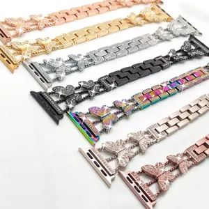 Correa de reloj de mariposa con diamantes de imitacion de metal de repuesto para Apple Watch.