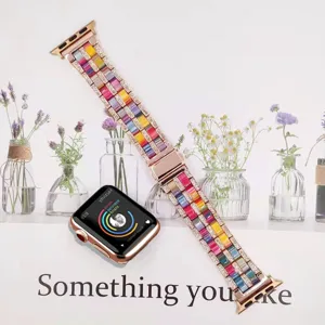 Colorful resin and metal 5-bead replacement strap detail for Apple Watch, stylish and durable acc.