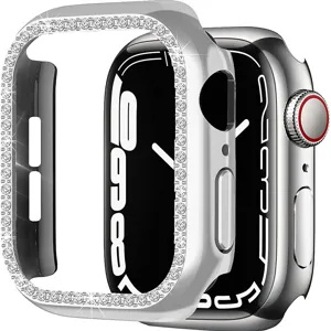 Strass bumper hoesje voor Apple Watch, zilveren PC holle beschermhoes met sprankelende kristallen.