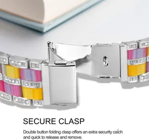 Detailed view of luxury resin metal watch strap folding clasp with dazzling rhinestones.