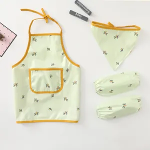 Children waterproof apron set with bandana and sleeves, cute fruit print kitchen bib for kids.