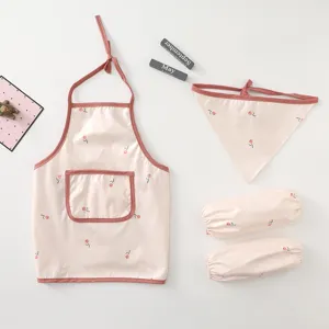 Kids waterproof apron set with cute tulip print, including bib, scarf and oversleeves.