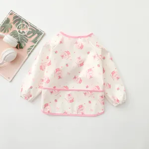 Waterproof baby art smock detail, long sleeve painting bib with cute bunny pattern.