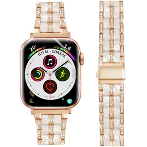 Stainless Steel And Resin Five Bead Watch Band Replacement Strap With Rhinestone Folding Clasp For Smart Watch
